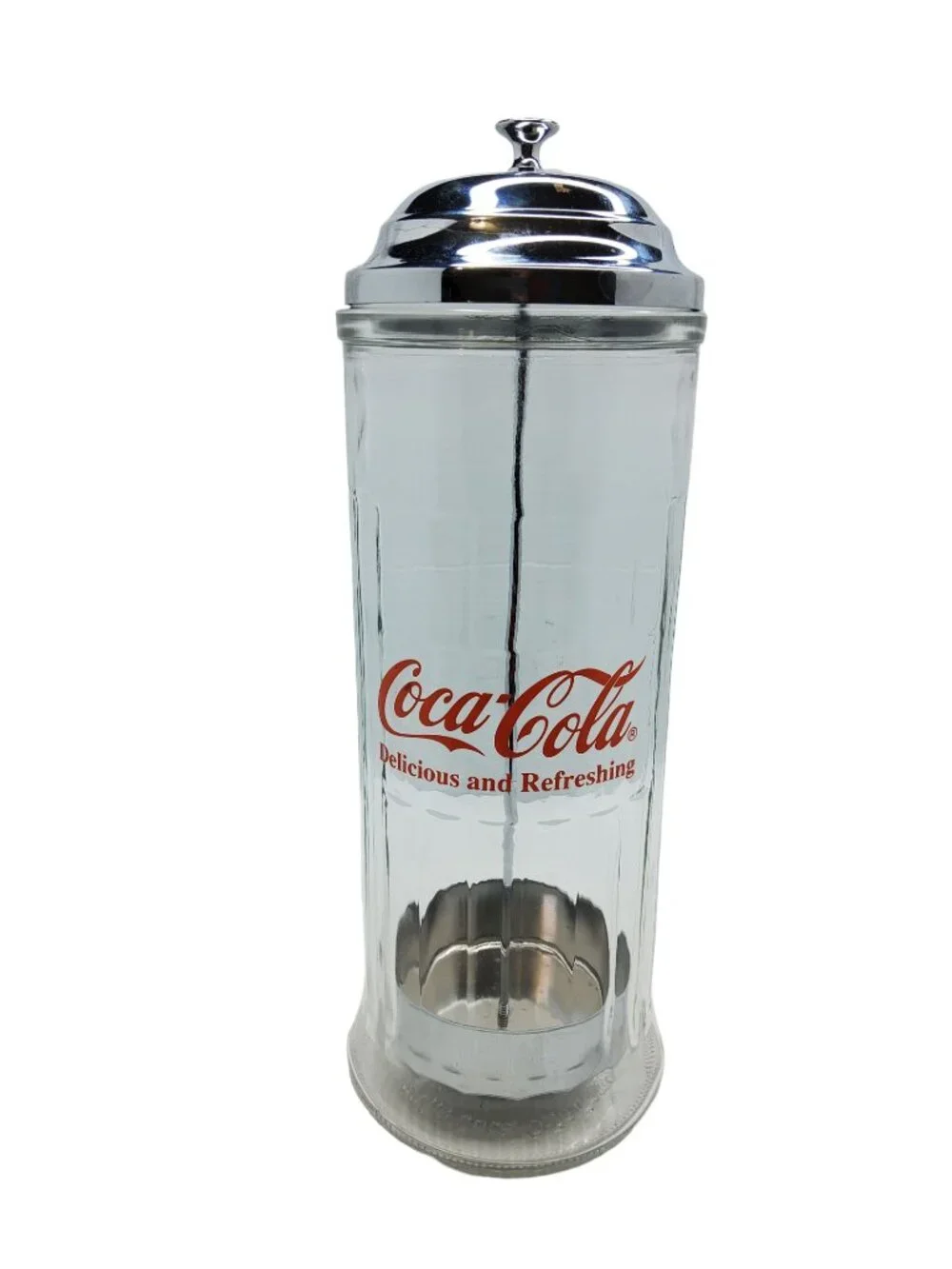 Vintage 1992 Coca-Cola Glass,Metal Lid Straw Dispenser Jar